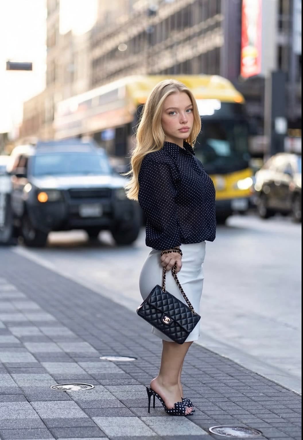 Yuna auf der Straße, gepunktete Bluse und schwarze Tasche